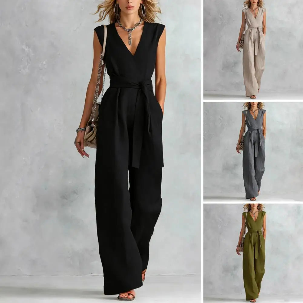 Women's Jumpsuit Sleeveless Women Jumpsuit Summer Causal Tie Waist Wide Leg Long Pants Rompers Summer V Neck One Piece Overalls