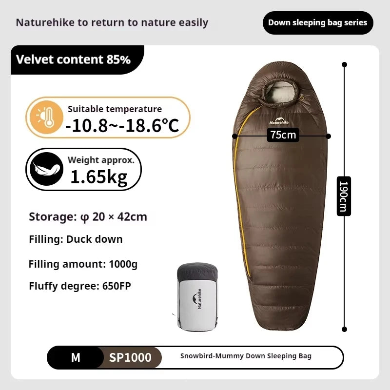 Naturehike Snowbird Mummy Sleeping Bag SP400/SP550/SP700/SP1000 for Outdoor Hiking Travel Winter Warm Duck Down Sleeping Bag