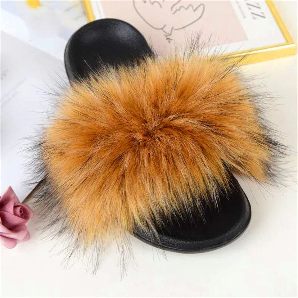 Women's Summer Faux Fur Fox Fur Slippers Fashion Luxury Indoor and Outdoor Non-Slip Solid Color Flat Bottom Furry Sandals