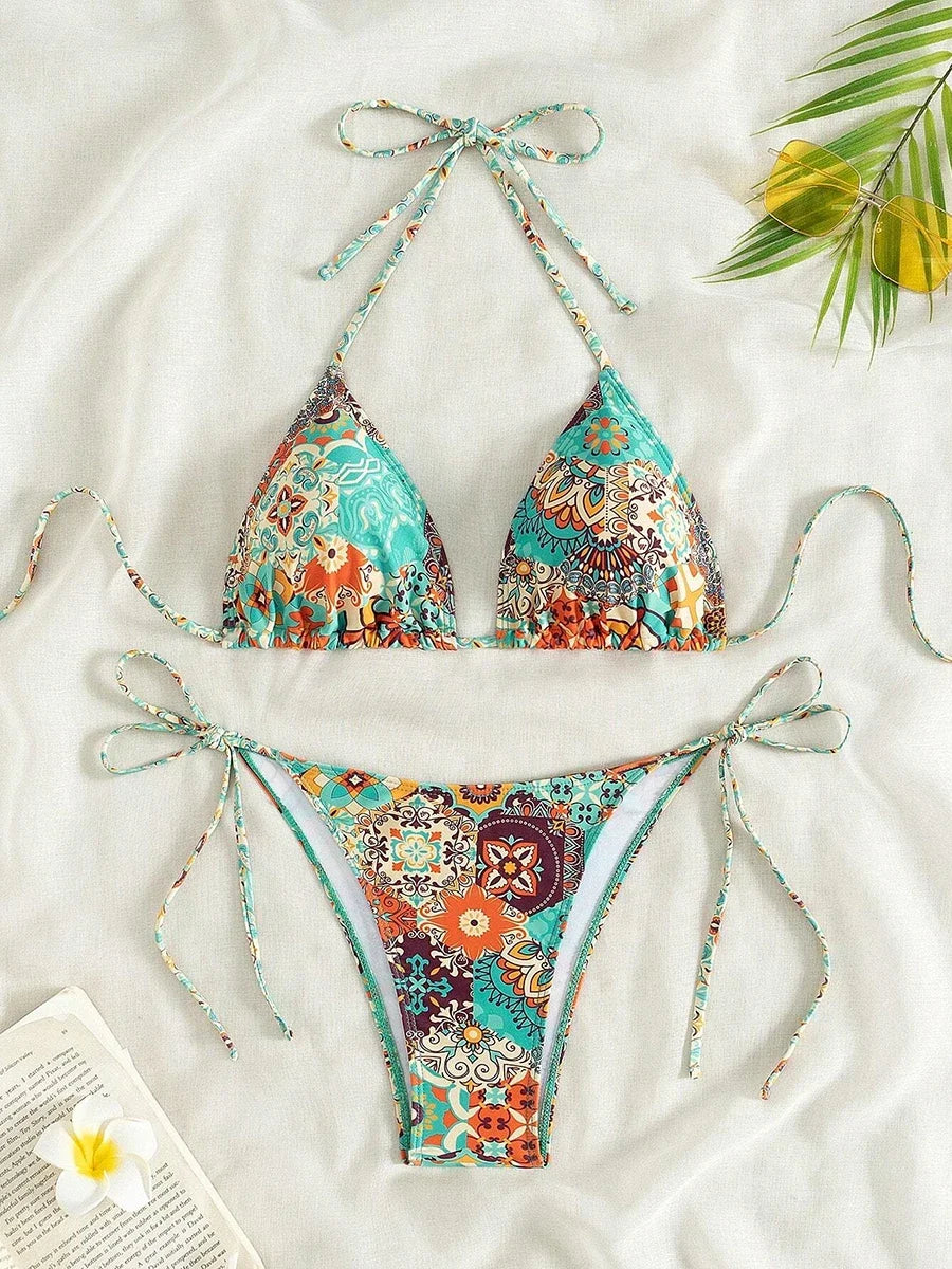 Swimsuit 2026 Female Micro Bikini Women Swimwear Summer Beachwear Women's Bathing Suit Floral Print Neck Halter Thong Bikini Set