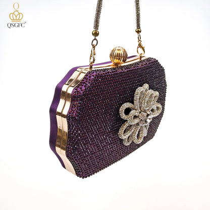 QSGFC Latest Party Women's Shoes and Bags Set Pointed Toe High Heels Full Upper Inlaid D.Purple Color Rhinestones