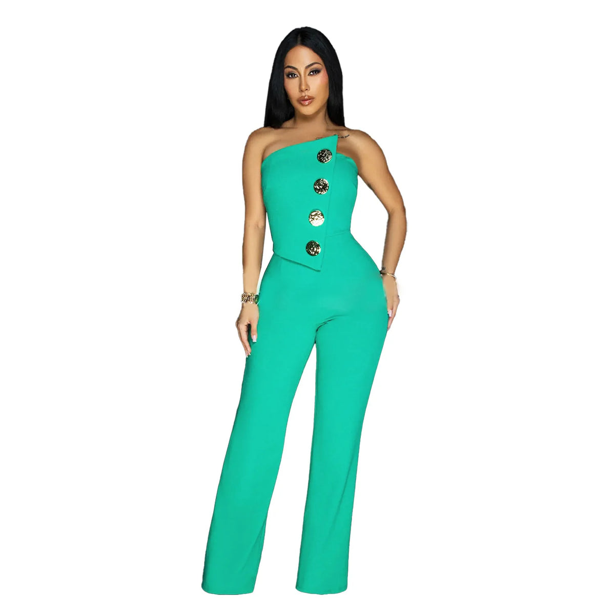 HBLL Women's Elegant Button Strapless Sleeveless Irregular Jumpsuits One Piece Metal Button Decor Overalls Outfit Night Clubwear
