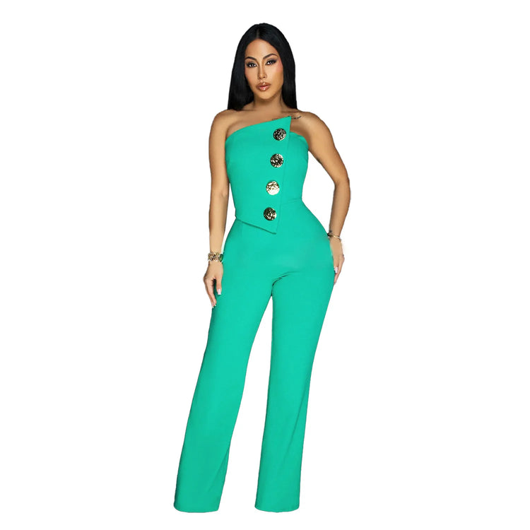 HBLL Women's Elegant Button Strapless Sleeveless Irregular Jumpsuits One Piece Metal Button Decor Overalls Outfit Night Clubwear