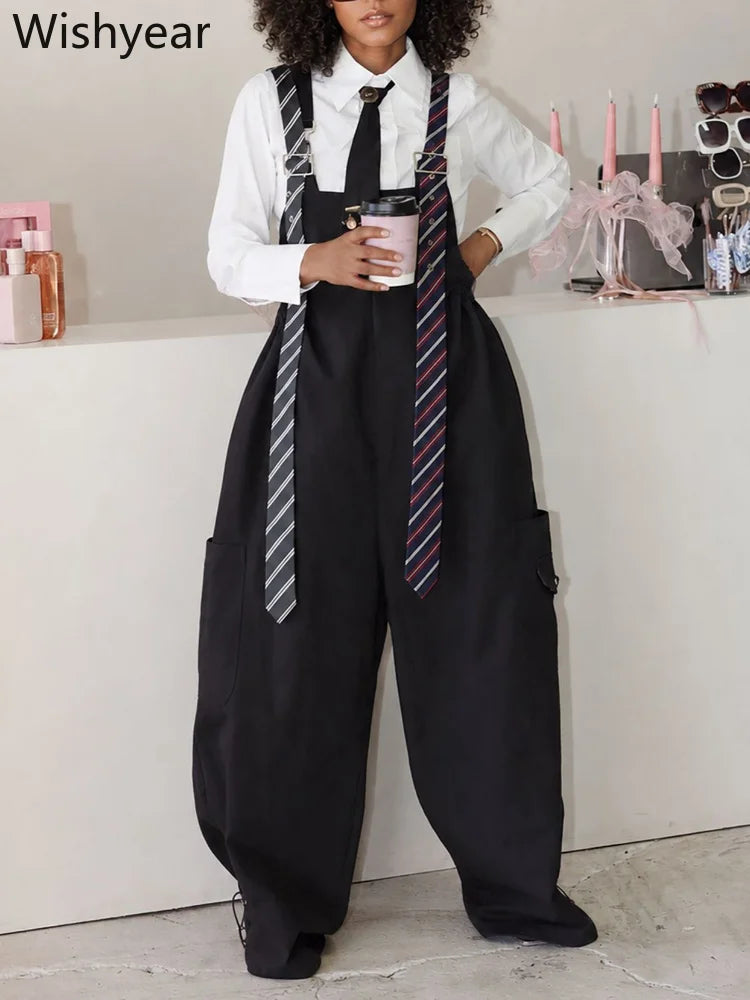 Women’s Overalls Jumpsuit Long Sleeve Shirt Style Patchwork Tie Detail Wide Leg Cargo Pants Casual Office Work Party Streetwear