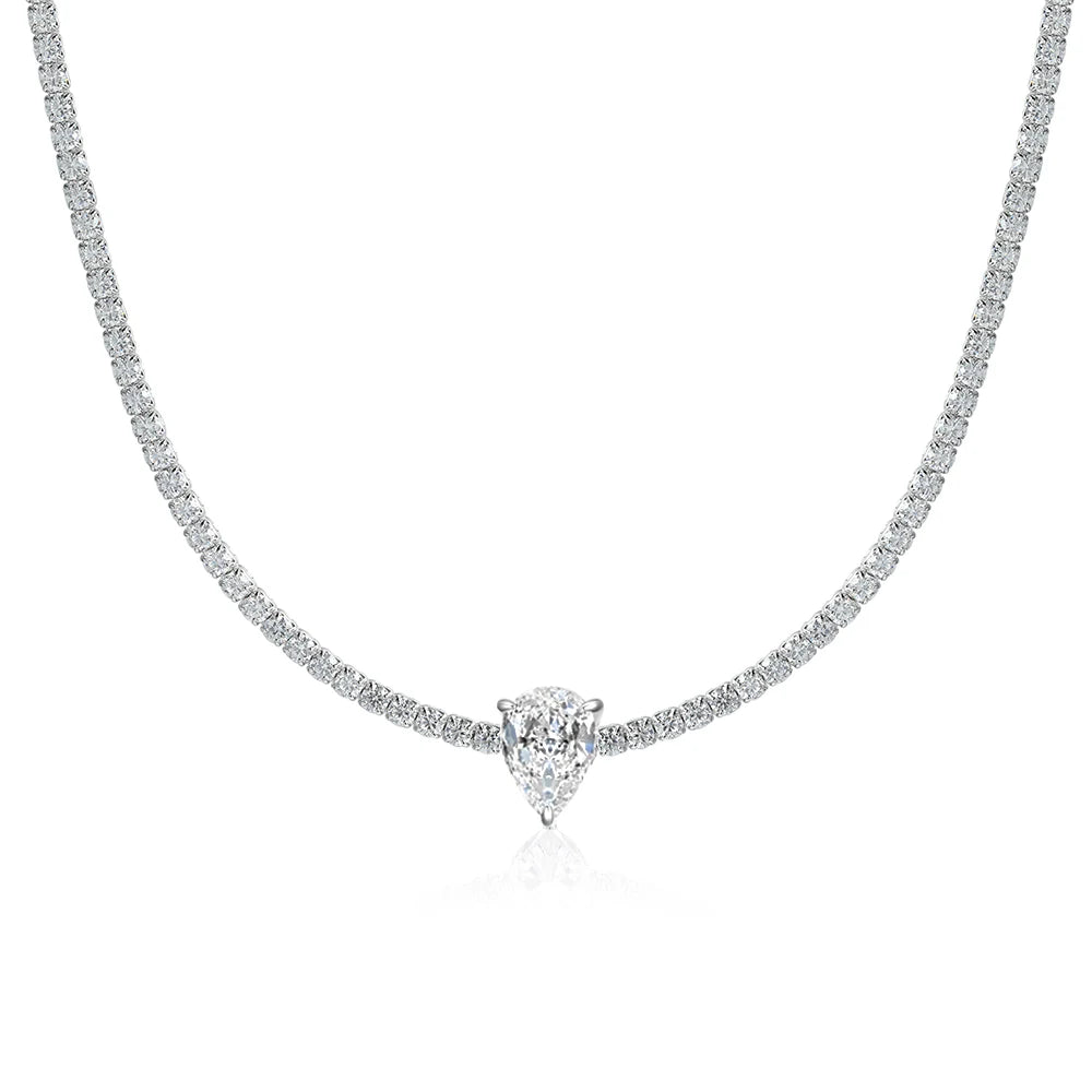 2mm Round Moissanite Riviera Tennis Necklace&Pear Cut Diamond Pendant Adjustable Choker for Women 925 Sterling Silver Jewelry