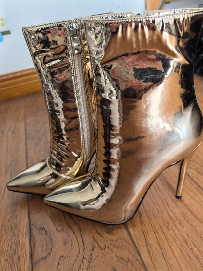 Design Ankle Boots Women Fashion Zipper Pointed  High Heels Gold Silver Patent Leather Short Booties Shoes Catwalk Shoes