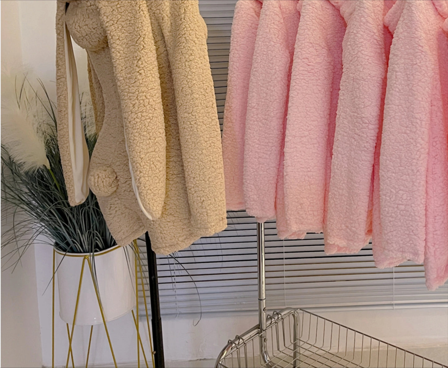 Pink Rabbit Hooded Fluffy Jumpsuits Sweet Zipper Long Sleeve Solid Color Rompers Flannel Onesie Shorts Pajamas Loungewear