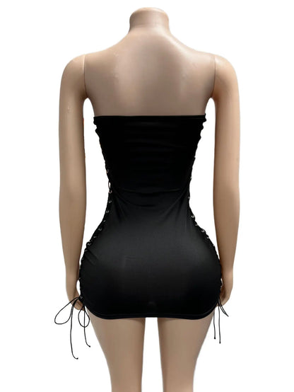 STYLISH LADY Y2K Tattoo Print Strapless Bodycon Dress 2026 Summer Women Side Lace Up Slim Fit Sexy Club Party Street Mini Dress