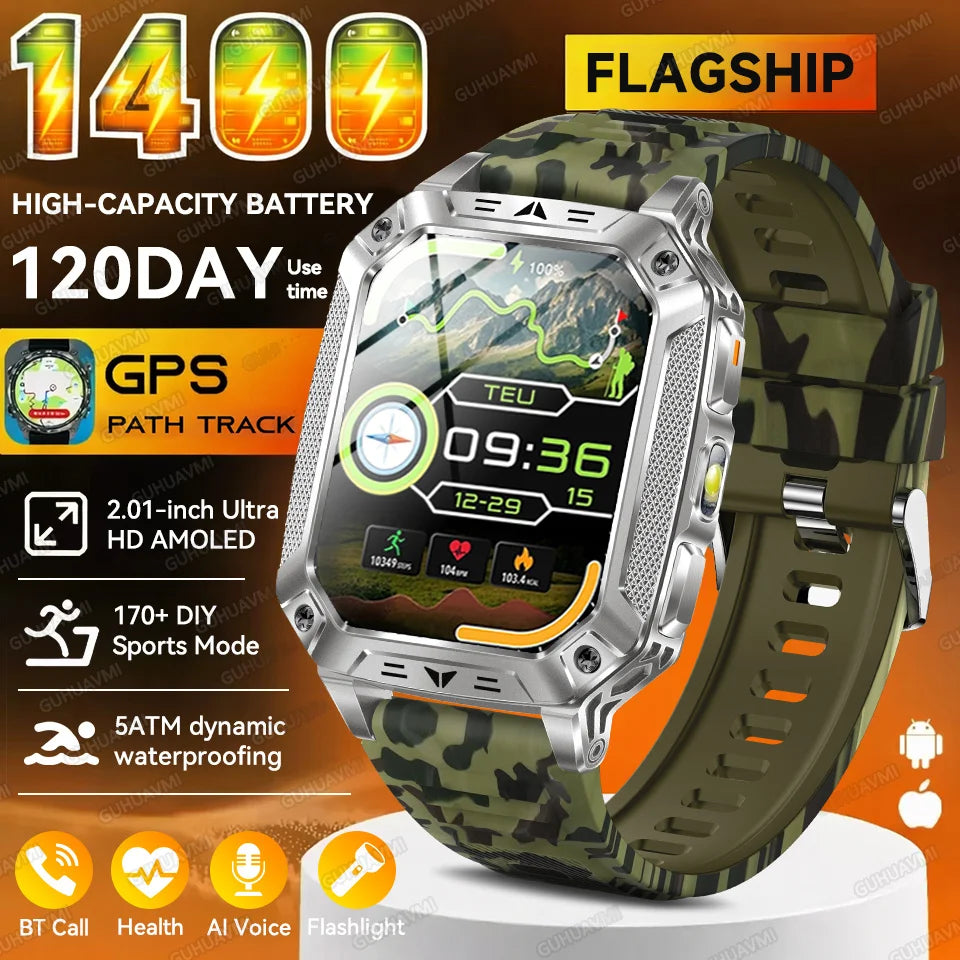 2026 New Outdoor GPS Smart Watch 1400mAh High Capacity Battery 2.01" Sapphire Screen 10ATM Waterproof Dual-color Lamp Smartwatch