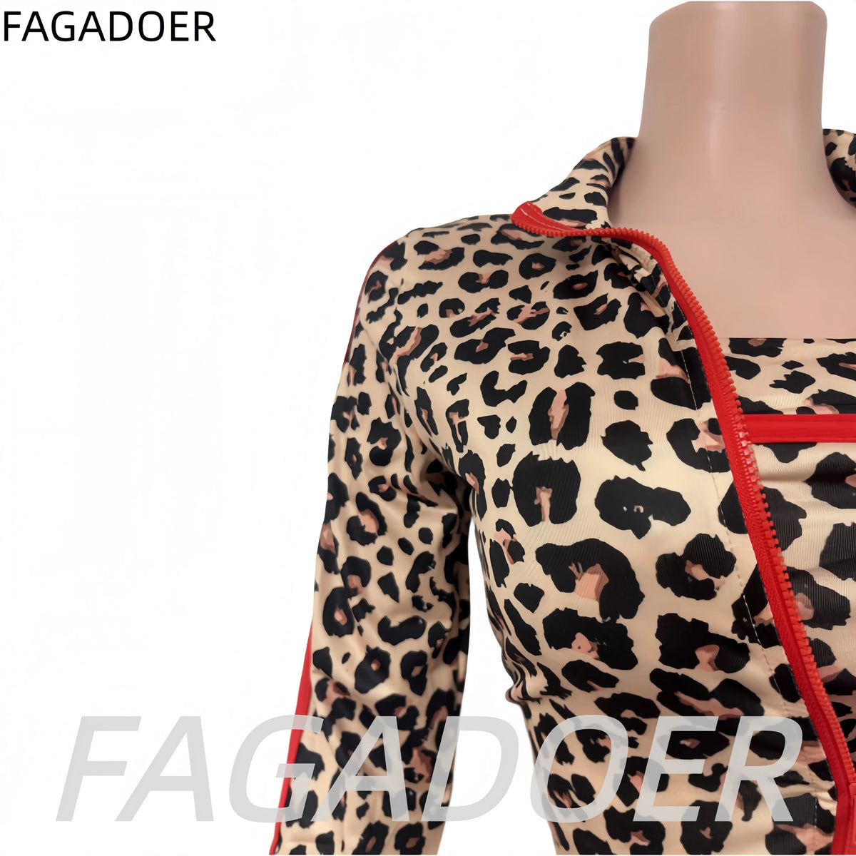 FAGADOER Women Leopard Print 3 Piece Outfit Tube Top Long Sleeve Zip Jacket High Waist Pants Sexy Y2K Clubwear Streetwear Set