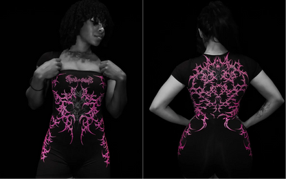 Gothic Square Neck Fitness Women's Quick-Drying Bodysuit with Elastic Short Sleeve and Built-in Chest Pads