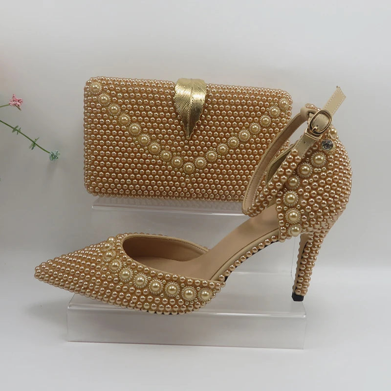 Champagne Pearl Wedding Bridal Shoes Woman Fashion Thin Heel Party Dress Shoe Lace-up Pointed Toe High Handmade Ankle Strap Shoe