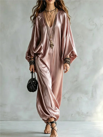 New Spring Autumn Solid V Neck Batwing Sleeve Loose Jumpsuit Women Fashion Satin Wide Leg Pants Jumpsuits Casual Holiday Rompers