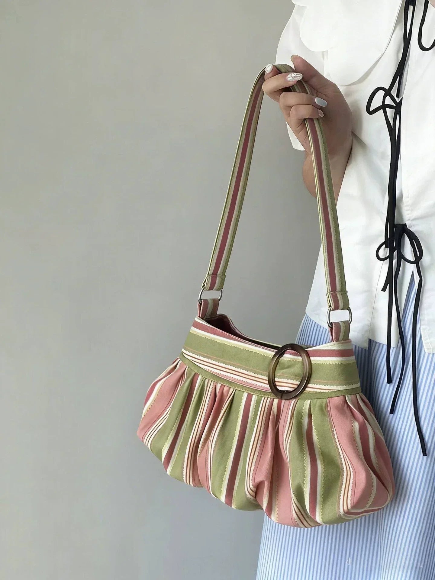 Pleated Design Dumpling Bag Retro Polka Dot Wooden Button Decor Handbag Soft Striped Shoulder Bags Pattern Casual Commuter Bag