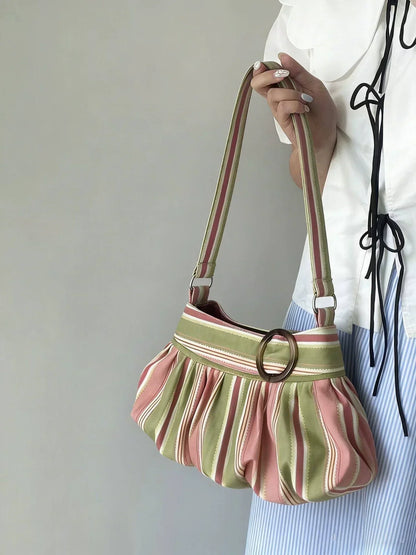 Pleated Design Dumpling Bag Retro Polka Dot Wooden Button Decor Handbag Soft Striped Shoulder Bags Pattern Casual Commuter Bag