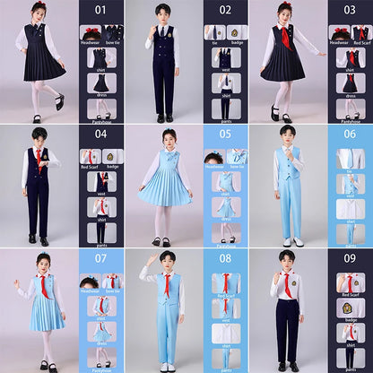 Girls Preppy Style Pleated Jumper Dress Headdress + Bow Tie Pants Suit Children Choir Poetry Performance Fashion School Uniform