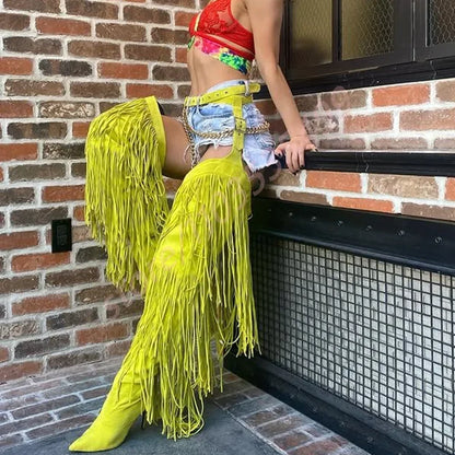 2025 Fashion Ladies Over Knee Belt Tassel Boots Autumn Winter Stiletto Stage Catwalk Model Boots Snake Pattern Street Sexy Boots