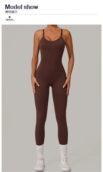New Nylon Pad V-Neck Wrap Yoga Bodysuit - Adjustable Hook Tummy Control Butt Lift Workout Jumpsuit