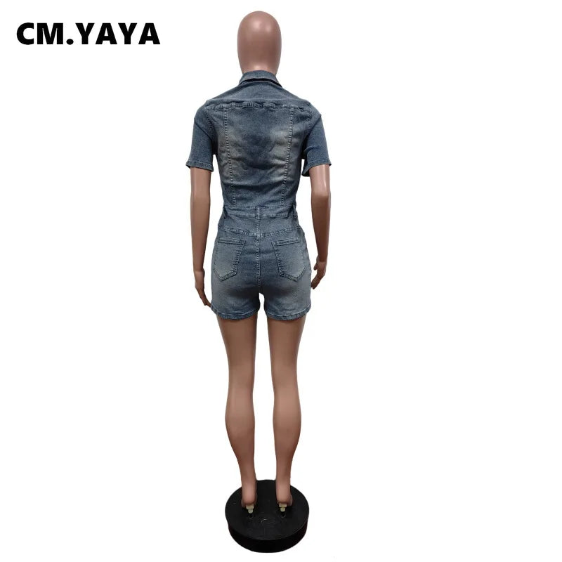 CM.YAYA Women Turn-down Collar Zipper Fly Short Sleeve Denim Jumpsuit 2025 Summer Chic Jeans Romper One Piece Set Playsuit
