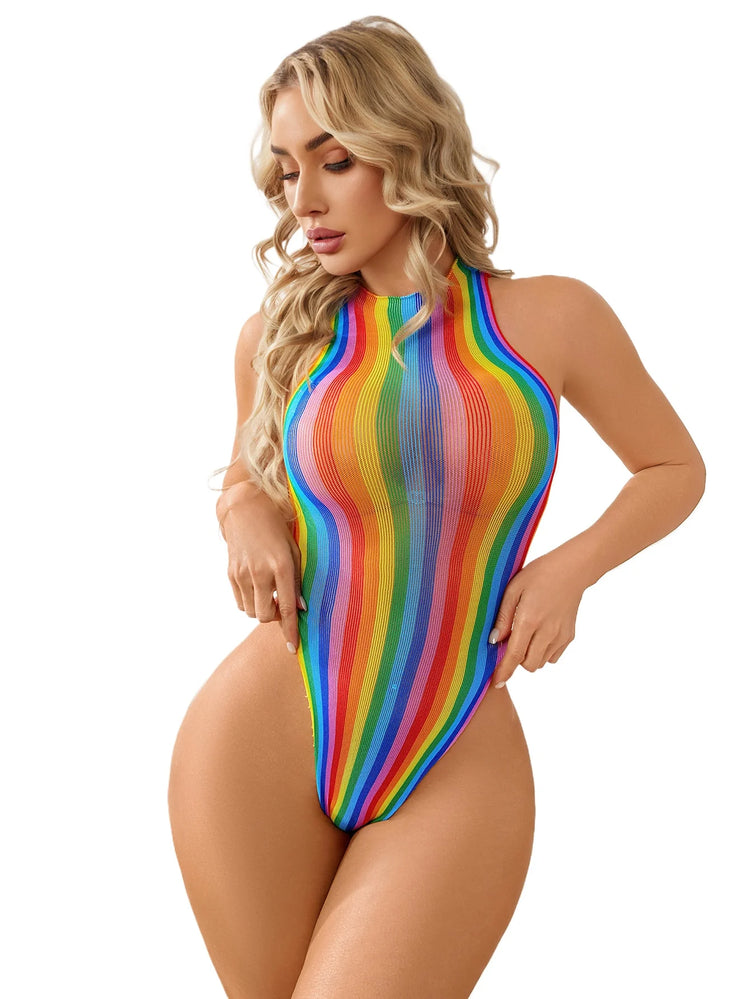 Colorful Sexy Lingerie for Women Half Turtleneck Fishent Hollow Out Bodysuit Stretchy See Through Teddy for Intimate Night Club