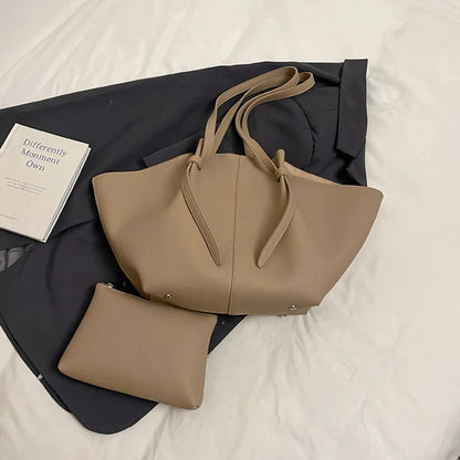 Luxury Designer Women's Soft PU Leather 2-in-1 Shoulder Tote Bag Set Big Capacity Branded Shopper Handbags Gray Blue PinkTan