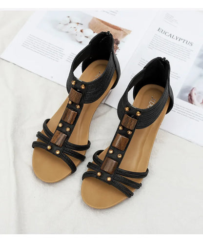 High quality leather flat sandals for women 5cm mid heel with beading summer 2026 36 42 open toe casual vintage shoe black beige