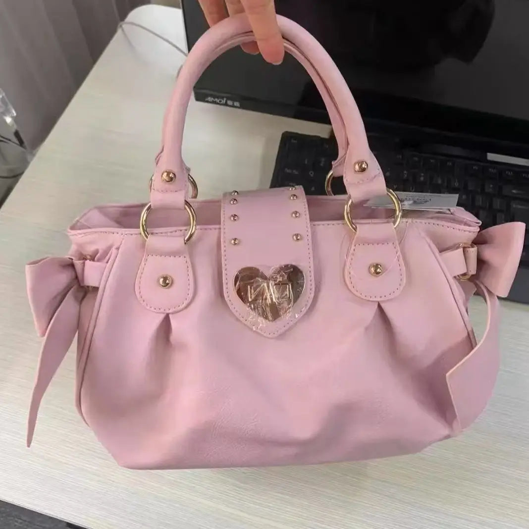 Harajuku Bow Pink Hand Bag Purse Women Japanese Style Soft Casual Crossbody Bag Ladies Sweet Cute Large Capacity Shoulder Bags