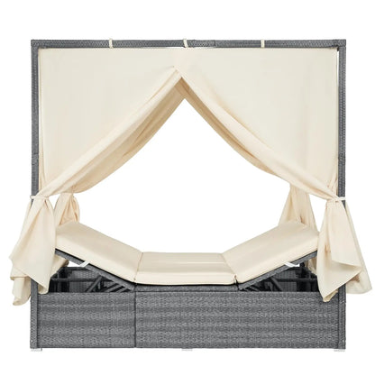 Patio Chaise Lounge, PE Rattan Outdoor Patio Wicker Sunbed Daybed with Adjustable Seats, Four-sided Canopy,, Customized