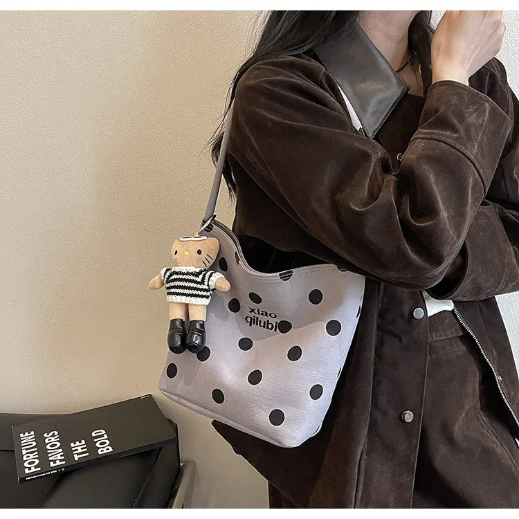 Korean Style Niche Linen Dot Shoulder Bag Women New Fashion Large Capacity Bucket Bag Casual Versatile Commuting Underarm Bag