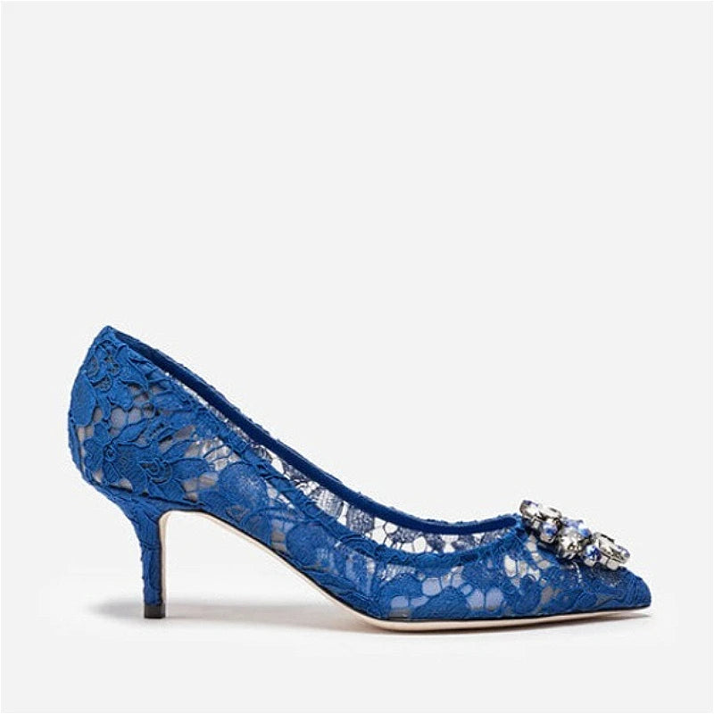 Mesh lace high-heeled shallow mouth shoes 2026 new pointed crystal buckle slim heel fashionable banquet women's single shoes