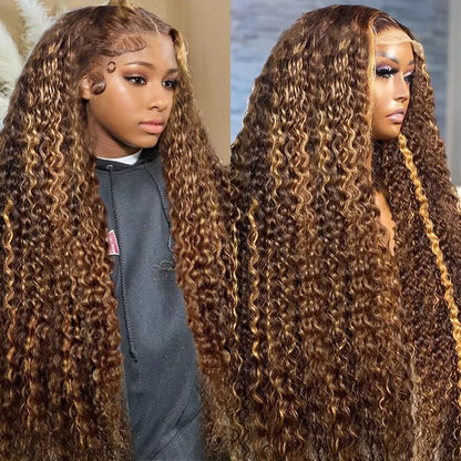 30 Inch 250 Density Highlight Honey Brown Curly Lace Front Human Hair Wigs 13x6 13x4 Ombre Colored Deep Wave Lace Frontal Wig