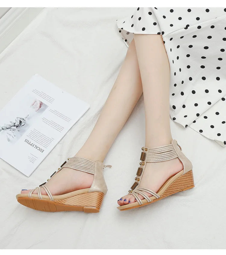 High quality leather flat sandals for women 5cm mid heel with beading summer 2026 36 42 open toe casual vintage shoe black beige
