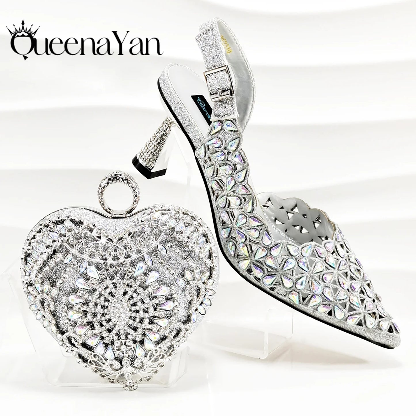 QSGFC Italian Design Rhinestone-encrusted Sex Ladies Shoes And Special Bag High Heels And Heart Shape Gold Mini Bag