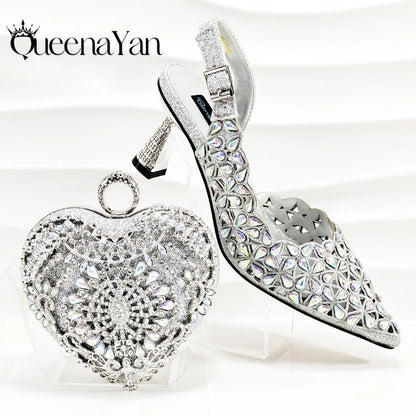 QSGFC Italian Design Rhinestone-encrusted Sex Ladies Shoes And Special Bag High Heels And Heart Shape Gold Mini Bag