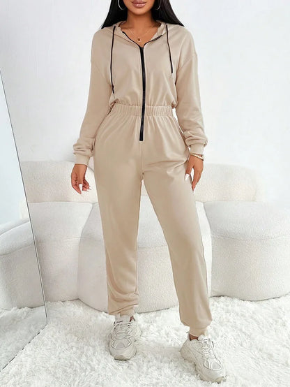 2024 Autumn And Winter New Women's Fashion Solid Color Drawstring Zipper Hooded Jumpsuit Casual Matching