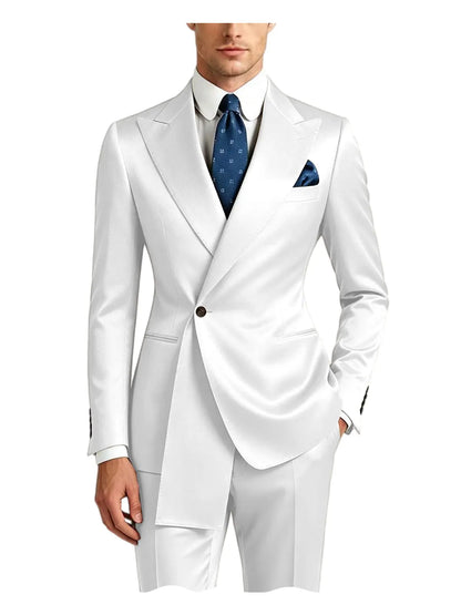 Men's Satin Peak Lapel Tuxedo 2-Piece Suit High Quality Slim Fit One Button Formal Blazer & Pants Luxury Wedding Dinner Suits