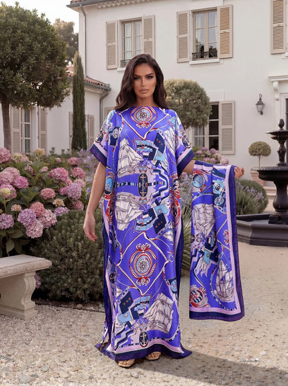 Nautical Sailboat Print Satin Abaya Scarf Set, Loose Batwing Maxi Kaftan For Muslim Women Summer Beach Daily Holiday Wear