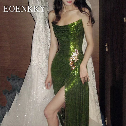 EOENKKY Glitter Mermaid Sequin Evening Dress Green Sexy Strapless Slit Special Occasion Dresses Women Customized платье вечернее