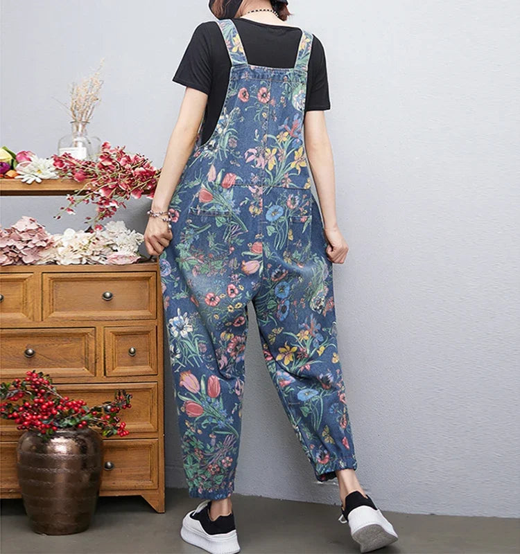 Casual Streetwear Print Floral Denim Jumpsuit Woman Loose Baggy Wide Leg Pants Rompers Big Size Pockets Straps Jeans Overalls