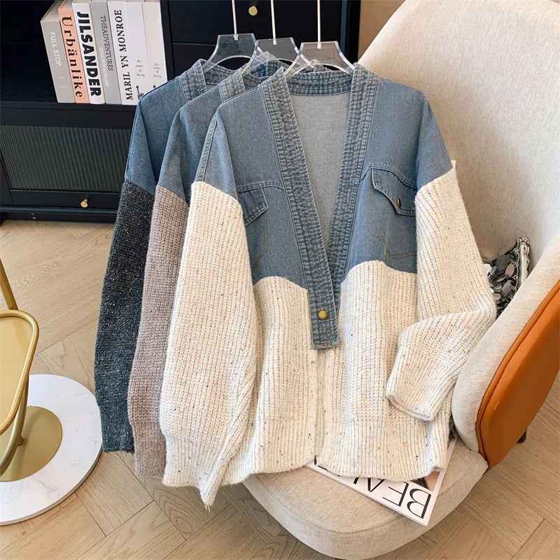 Fat mm200 Pounds Vintage Denim Patchwork Sweater Coat ins Fashion Woman 2024 Autumn and Winter Thickened Loose Niche Cardigan