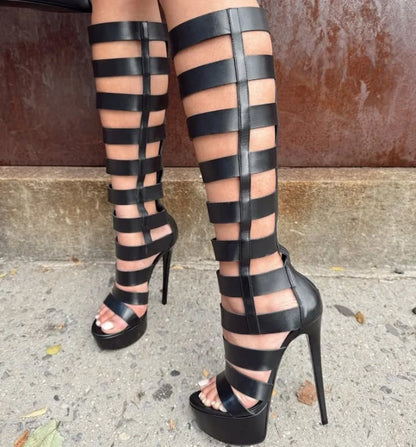 Pink Black Hollow Out Summer New Knee High Boot Women Round Toe Stiletto Heel Platform Back Zipper Elegant Party Dress Sandals