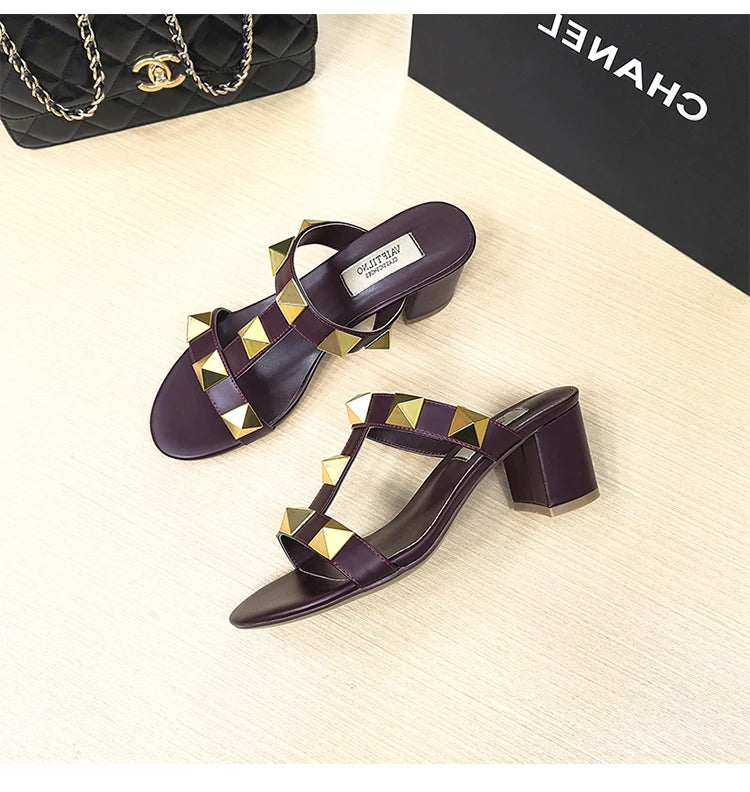 Women's Heels Sandals Gladiator Summer Luxury Brand Designer Rivets Open Toe Slipper Slingbacks Comfortable Ladies Shoes Women