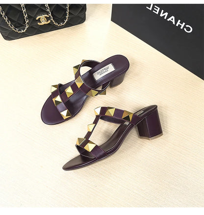 Women's Heels Sandals Gladiator Summer Luxury Brand Designer Rivets Open Toe Slipper Slingbacks Comfortable Ladies Shoes Women