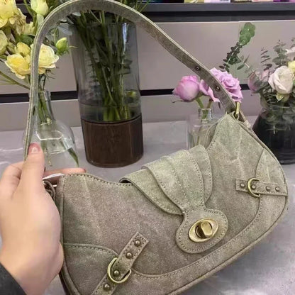 Y2k Vintage Shoulder Bag American Street Style Rivets Green Canvas Handbag Gothic Punk Biker Cool Designers Underarm Bag Handbag