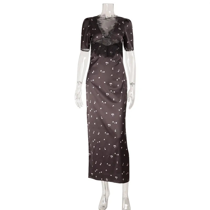 Polka Dot Backless Sexy Maxi Dress Women Gown Elegant Patchwork Lace Hollow out Deep V Neck Sleeveless Bodycon Club Party Dress