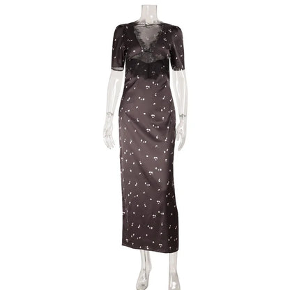 Polka Dot Backless Sexy Maxi Dress Women Gown Elegant Patchwork Lace Hollow out Deep V Neck Sleeveless Bodycon Club Party Dress