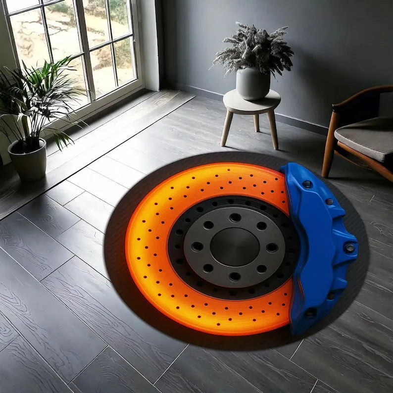 Brake Disc Round Carpet Hot Wheels Racing Decor Car Enthusiast Rug Red Caliper Auto Garage Floor Mat Sporty Home Rug