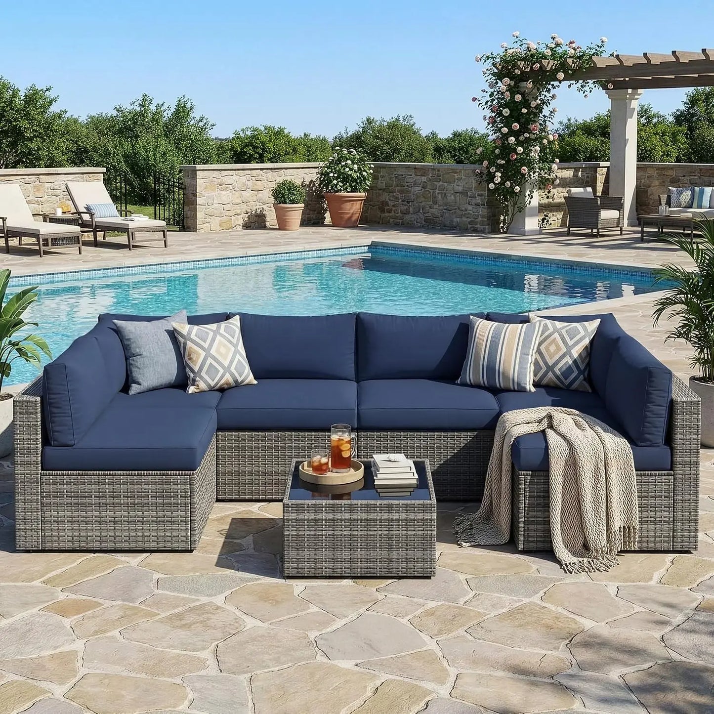 7 Pieces Wicker Outdoor Patio Furniture Set | Patio Sectional Sofa with Coffee Table, All-Weather Outdoor Sectional, Custom