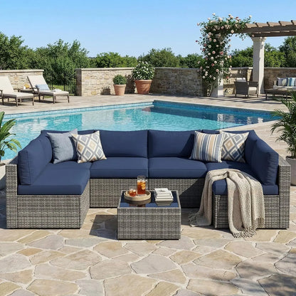 7 Pieces Wicker Outdoor Patio Furniture Set | Patio Sectional Sofa with Coffee Table, All-Weather Outdoor Sectional, Custom