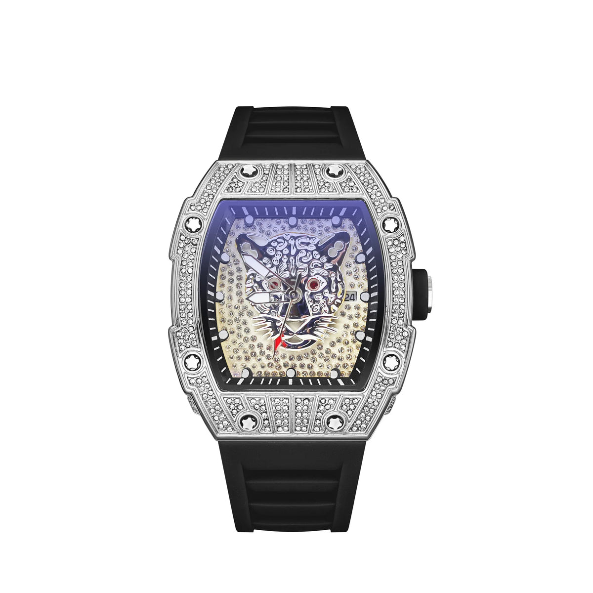 Tonneau Hollow Diamond Leopard Dial Quartz Watch Men Luxury Luminous Fashion Waterproof Rubber Sport Watches Men Steel Men Clock